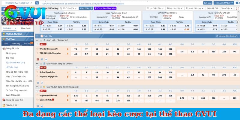 Đa dạng các thể loại kèo cược tại thể thao GVUI